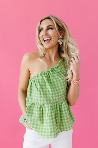 Val Gingham One Shoulder Top in Green