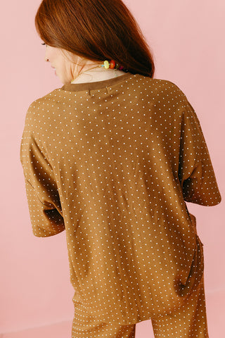Leena Polka Short Sleeve Top in Camel/Ivory