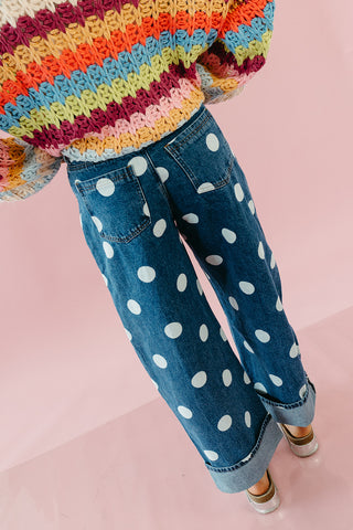 Ellie Polka Dot Rolled Up Barrel Denim in Medium Wash