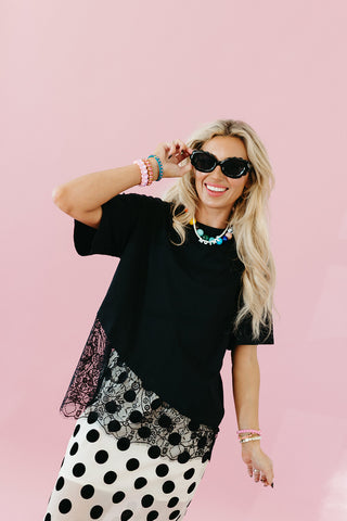 Della Lace Trim Asymmetrical Tee in Black