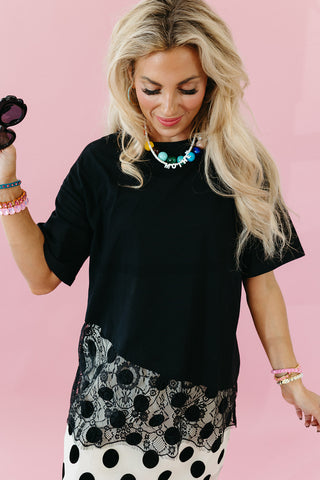 Della Lace Trim Asymmetrical Tee in Black