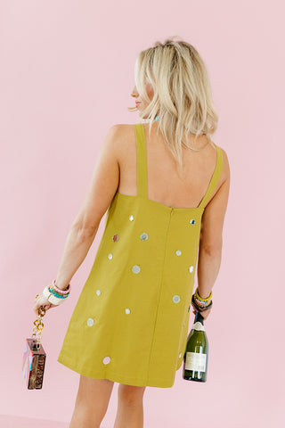 Taty Mirror Embellished Mini Dress in Olive