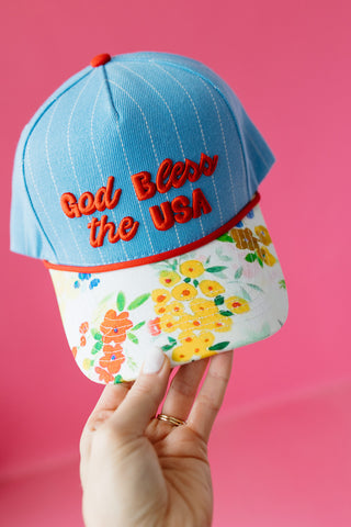God Bless The USA Floral/Stripe Trucker Hat
