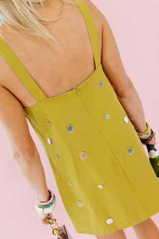 Taty Mirror Embellished Mini Dress in Olive