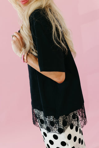 Della Lace Trim Asymmetrical Tee in Black