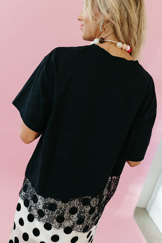Della Lace Trim Asymmetrical Tee in Black
