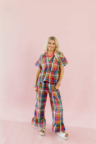 Hattie Plaid Ruffle Hem Pants
