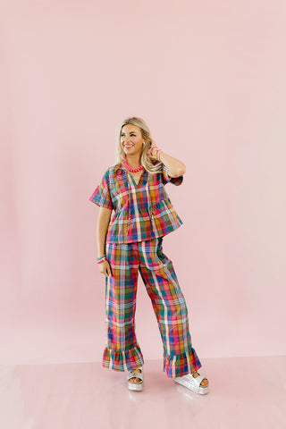 Hattie Plaid Ruffle Hem Pants