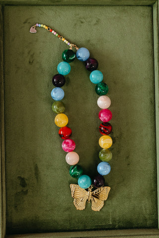 Chunky Beaded Necklace in Rainbow Butterfly Charm