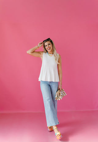 Nina Ribbed Peplum Knit Top in Off White