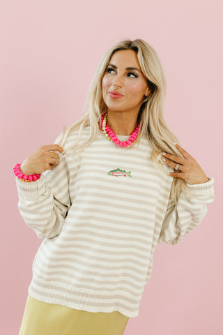 Briar Stripe Embroidered Fish Sweater in Taupe