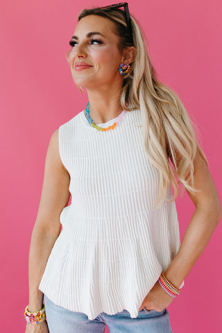 Nina Ribbed Peplum Knit Top in Off White