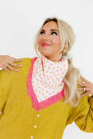 Pink & Chartreuse Floral Fringe Bandana