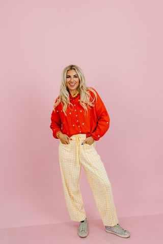 Lou Mineral Wash Barrel Pants in Gold Gingham