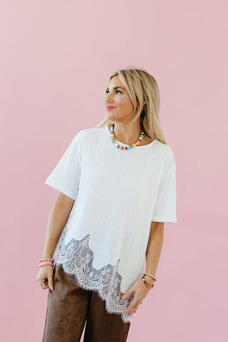Isla Slub Lace Hem Tee in White