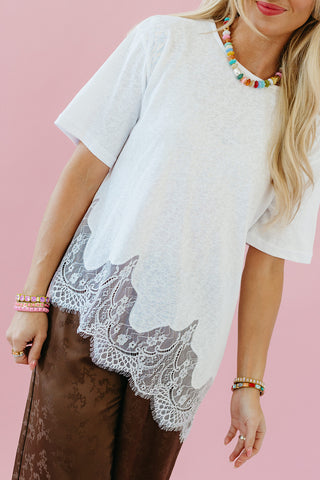 Isla Slub Lace Hem Tee in White
