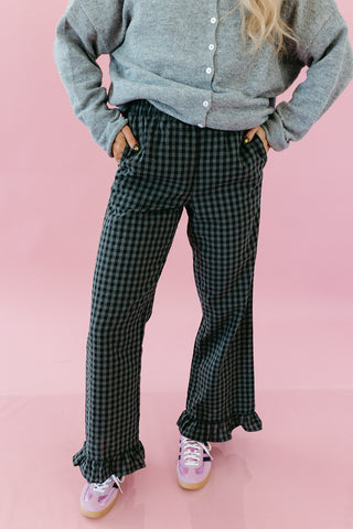 Lily Checkered Ruffle Hem Pants in Charcoal