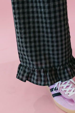 Lily Checkered Ruffle Hem Pants in Charcoal
