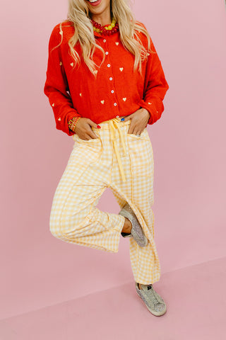 Lou Mineral Wash Barrel Pants in Gold Gingham