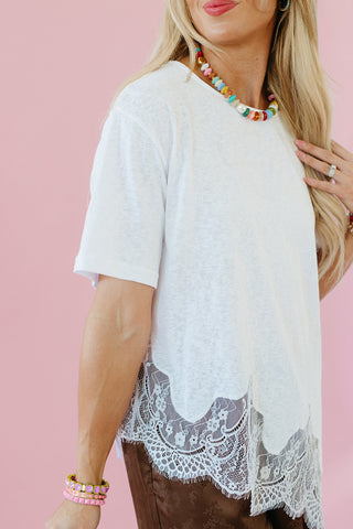 Isla Slub Lace Hem Tee in White