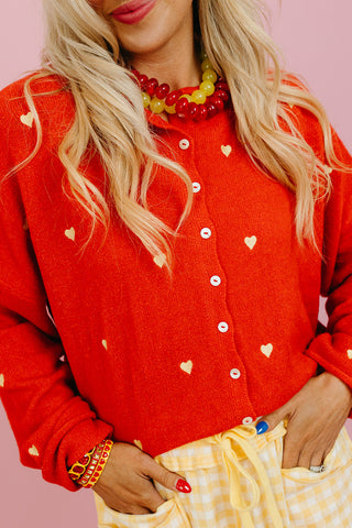 Piper Cardigan - Embroidered Heart Tomato Red