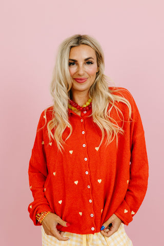 Piper Cardigan - Embroidered Heart Tomato Red