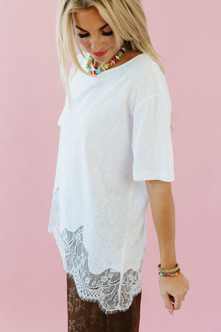 Isla Slub Lace Hem Tee in White
