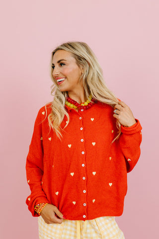 Piper Cardigan - Embroidered Heart Tomato Red