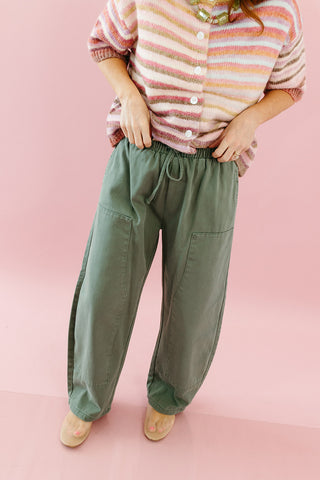 Laney Drawstring Barrel Denim in Grey/Olive
