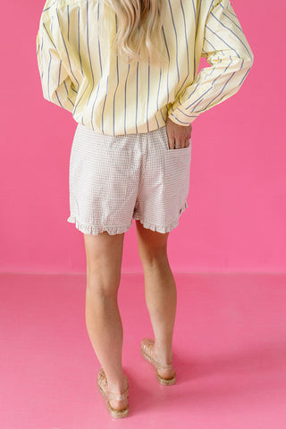 Blakee Plaid Ruffle Shorts in Camel