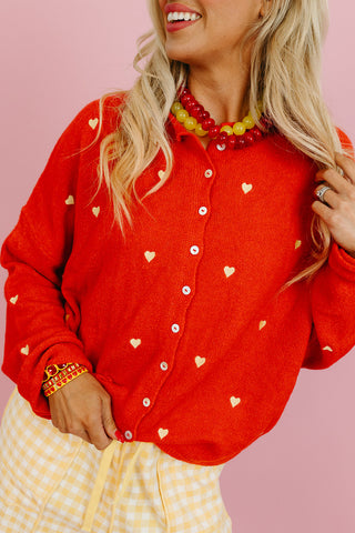 Piper Cardigan - Embroidered Heart Tomato Red