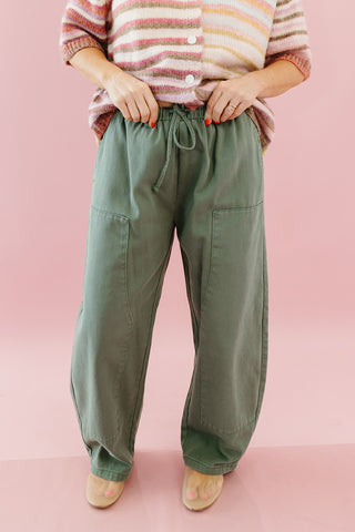 Laney Drawstring Barrel Denim in Grey/Olive