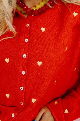 Piper Cardigan - Embroidered Heart Tomato Red