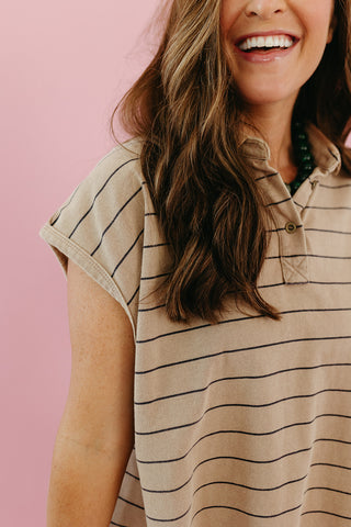Alley Stripe Polo Top in Taupe