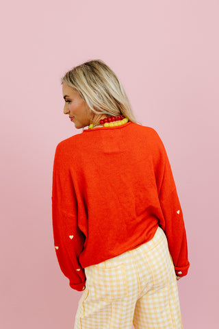 Piper Cardigan - Embroidered Heart Tomato Red