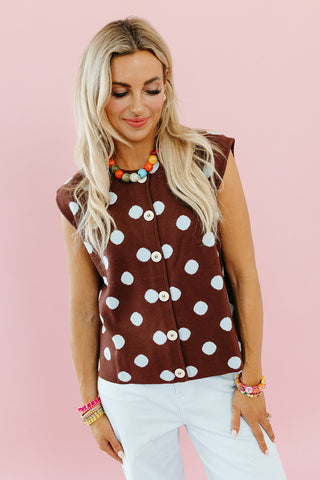 Madeline Polka Dot Sweater Vest in Saddle/Sky