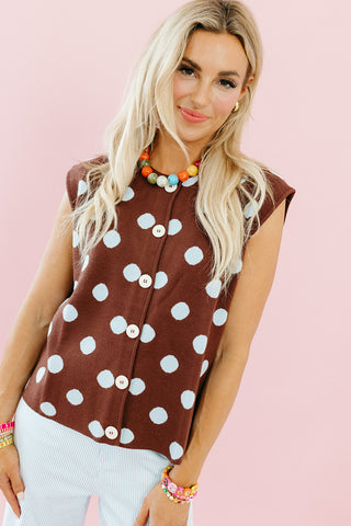 Madeline Polka Dot Sweater Vest in Saddle/Sky