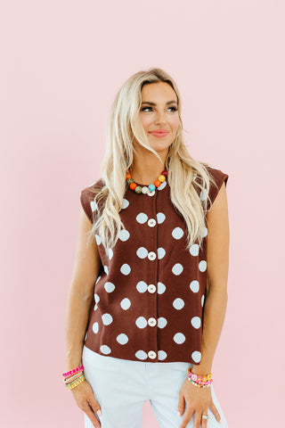 Madeline Polka Dot Sweater Vest in Saddle/Sky