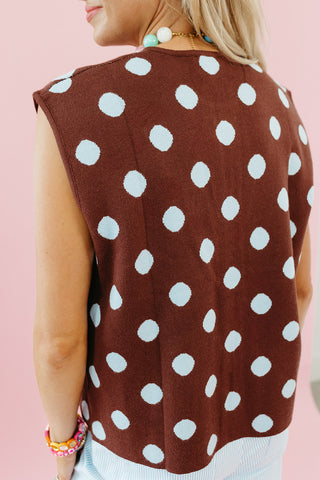 Madeline Polka Dot Sweater Vest in Saddle/Sky