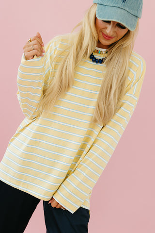 Zoe Oversized Stripe Long Sleeve Tee in Butter/White