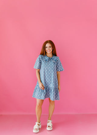 Everlynn Polka Dot Denim Ruffle Collar Mini Dress